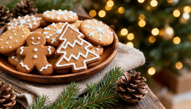 Christmas cookies on a plate against the backdrop of a Christmas tree