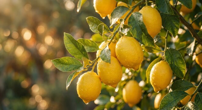 Ripe yellow lemons hanging on tree branch in sunny fruit orchard
- Powered by Adobe