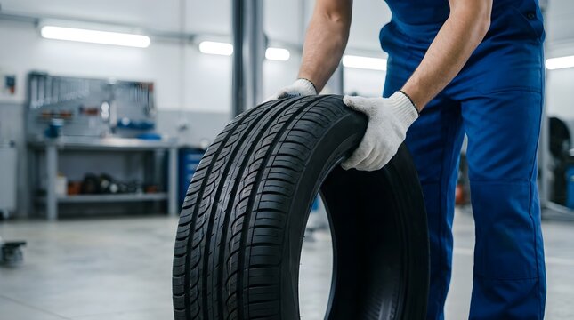 Mechanic Holding Car Tire in Auto Repair Shop Ready for Changing and Maintenance
