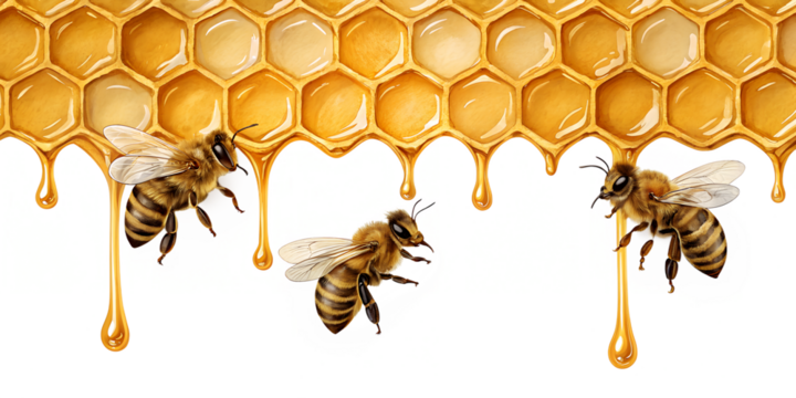 Honeycomb with Dripping Honey and Bees, transparent background