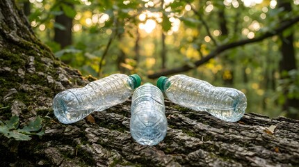 Three Plastic Bottles of Water on Wood in a Forest to Avoid Dehydration