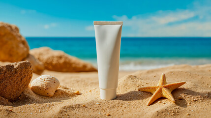 A tube of sunscreen is placed on a sandy beach next to a starfish