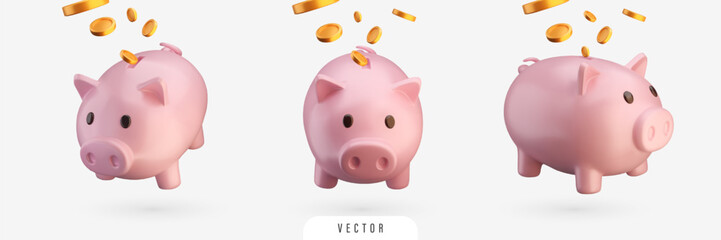 3D piggy bank set. Vector pig with falling golden coins. Isolated finance and banking concept realistic design element