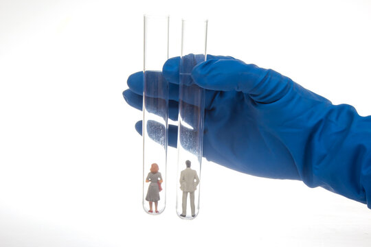 A gloved hand holds two test tubes containing miniature figurines of a man and woman, symbolizing human experimentation or scientific research on a white background.