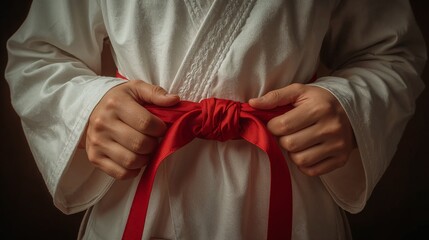 Martial artist tying red belt while wearing traditional white uniform  
