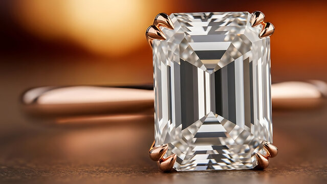 Emerald cut diamond engagement ring, rose gold, luxury jewelry