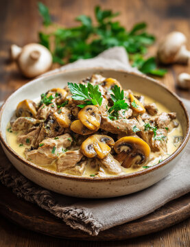 Creamy beef stroganoff with mushrooms and fresh parsley in a ceramic bowl on a rustic wooden table, homemade comfort food