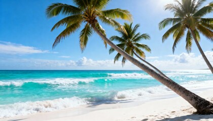Sunny tropical beach landscape, turquoise ocean waves, white sand, palm trees gently leaning over the water, clear blue sky with soft clouds, vibrant colors, no people, no boats, natural untouched par