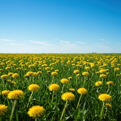 Obraz premium Lush green summer field dominated by numerous cheerful dandelion flowers under a vast, bright, clear azure sky ,clear ,natural ,seeds