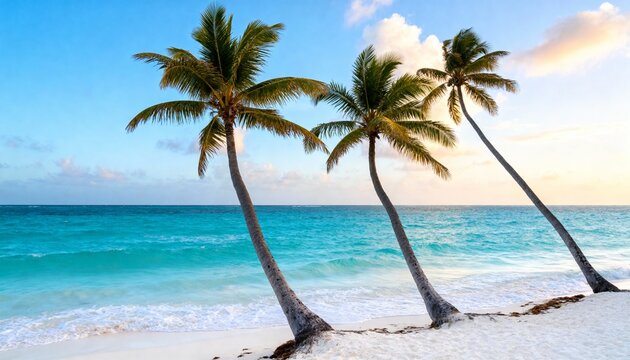 Sunny tropical beach landscape, turquoise ocean waves, white sand, palm trees gently leaning over the water, clear blue sky with soft clouds, vibrant colors, no people, no boats, natural untouched par