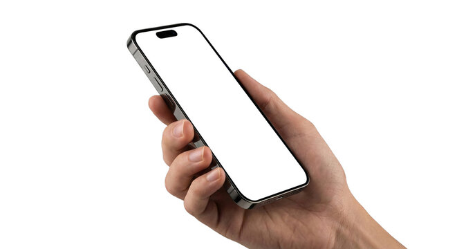 Hand holding smartphone at angle showing blank white screen for mockup.