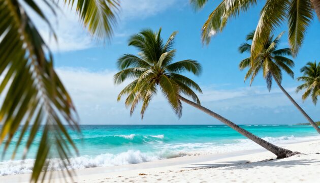 Sunny tropical beach landscape, turquoise ocean waves, white sand, palm trees gently leaning over the water