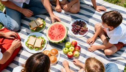 Outdoor picnic with fruits, corn, and pie, top view