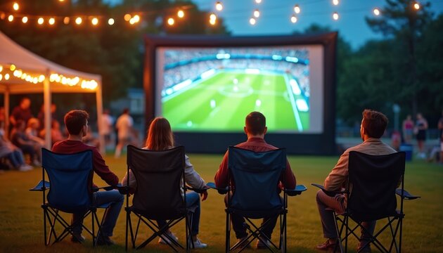 Friends watch football game on big outdoor screen at night. People sit on chairs, enjoy time together. Tailgate party with sport fans in backyard, string lights create cozy atmosphere. - Powered by Adobe