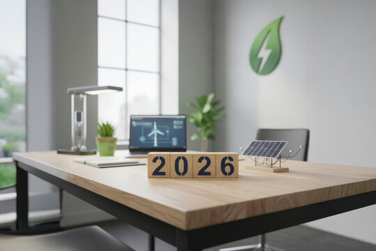 2026 en texto sobre cubos de madera, oficina de una empresa de energ&iacute;as renovables