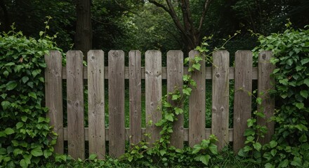 Fototapeta premium Rustic wooden planks forming a boundary fence, partially covered by lush, green foliage and winding vines in a peaceful garden setting ,home., wooden, growth
