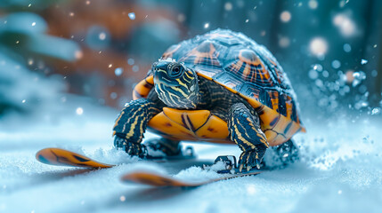 Obraz premium Skiing Turtle in a Winter Wonderland. Turtle on the Trails