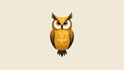 Modern minimalistic owl logo icon stands on light background. Cute cartoon bird with big wise eyes. Graphic design for smart tech company, education. Art wisdom, knowledge, intelligence, learning.