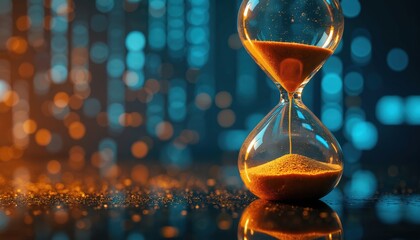Glass hourglass with orange sand falling through. Abstract digital background of blue and orange bokeh lights. Concept for time passing productivity deadlines and tech.