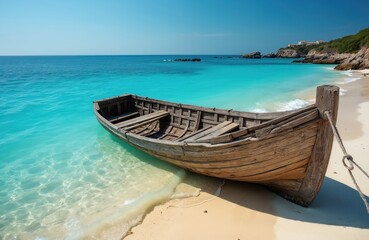 Obraz premium Old wooden boat moored on sandy beach shore. Clear turquoise sea water gently laps coastline. Peaceful tropical vacation background. Idyllic summer journey to exotic island destination with blue sky,