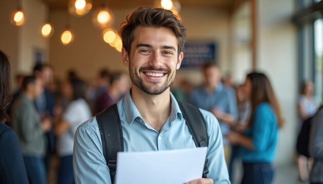 Smiling student with resume attends career fair. Young man seeks internship, job opportunity. Confident candidate interacts with recruiters. Gathering of young professionals looks for new