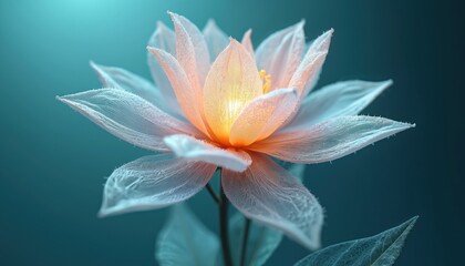 Fototapeta premium Abstract digital flower glowing with soft pastel light from core. Ethereal lotus blossom with translucent petals delicate wireframe texture. Futuristic botanical illustration on dark teal background,