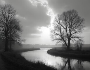 Bare trees line a calm river bending through a misty landscape. Sunlight breaks through clouds illuminating the tranquil water and casting reflections. Winter morning scene with subtle fog.