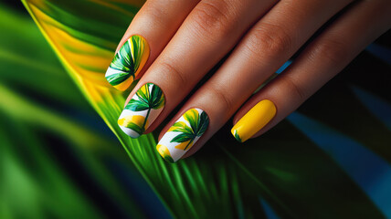 Tropical nails with bold palm leaf motifs on a vivid female hand for a summery vibe