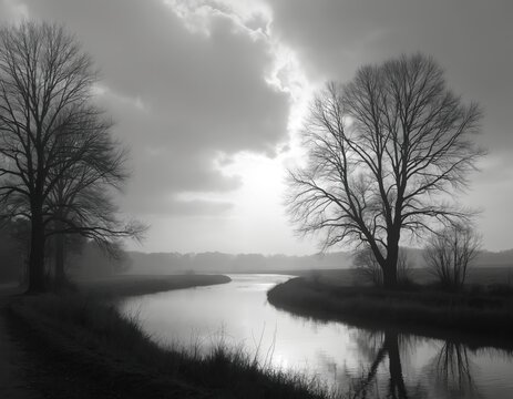 Bare trees line a calm river bending through a misty landscape. Sunlight breaks through clouds illuminating the tranquil water and casting reflections. Winter morning scene with subtle fog.
