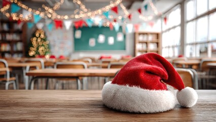 Santa hat on school desk in decorated classroom
