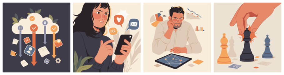 Fototapeta na wymiar Illustration set depicting cloud data management, social media interaction, data analysis, and strategic decision-making in business environments.