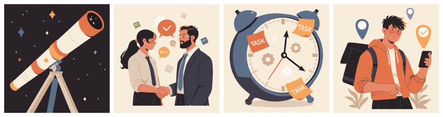Fototapeta na wymiar Illustration set showing a telescope under the night sky, business handshake, overloaded clock with tasks, and a courier checking mobile navigation.