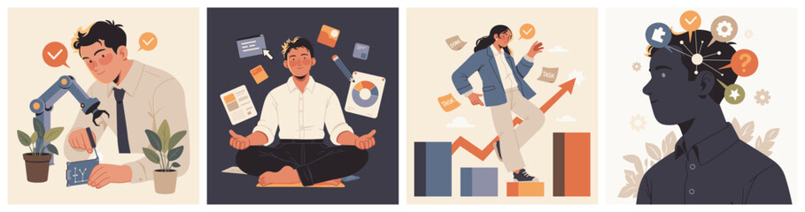 Illustration set featuring automation, mindfulness at work, productivity growth, and innovative thinking in a professional business context.