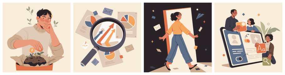 Naklejka premium Illustration set showing financial growth nurturing, magnified analytics charts, stepping into new opportunities, and a team designing a digital user profile interface.