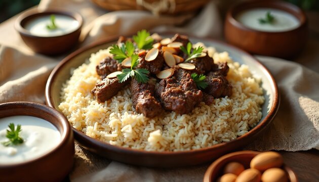 Mansaf served in rustic wooden bowl on table. Meat with garnish topping on rice. Jordanian cuisine speciality with yogurt sauce, almonds and parsley. Tasty food for lunch.