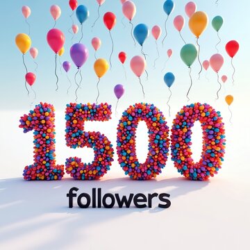 Colorful illustration showing fifteen hundred followers made from balls. Balloons float above 1500 number. Design shows social media milestone celebration concept. Great for marketing design social