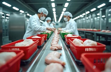 Workers process raw chicken on production line in modern food factory. People in protective uniform inspect poultry. Automated production. Food industry business making fresh products for market.