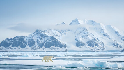 Solitary polar bear traversing the expansive arctic landscape of floating ice formations and snowy mountains
