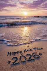 Happy New Year 2026 Handwritten in Beach Sand at Sunrise with Elegant Snowflakes and Golden Ocean Glow &ndash; perfect for holiday celebrations