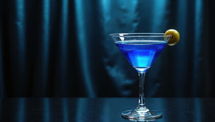 Close up of vibrant blue martini cocktail in clear glass with olive garnish sits on reflective bar surface. Drink lit from within, creating alluring glow against dark, vertically pleated blue