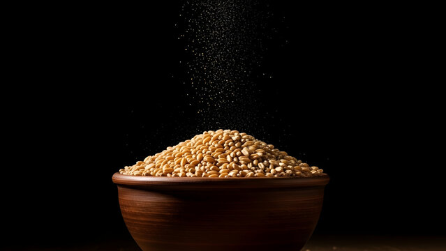 Golden wheat grains cascading over a rustic bowl against a somber backdrop signifying abundance and agricultural