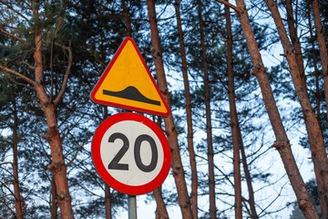 Road signs indicating a speed bump and 20 km/h limit, photographed against a forest background in natural daylight