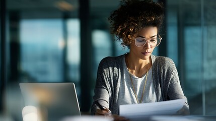 Professional woman reviewing documents in modern office