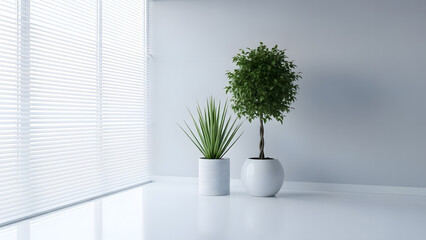 Fototapeta premium Serene minimalist interior scene featuring natural light filtering through blinds and calming houseplants, creating a