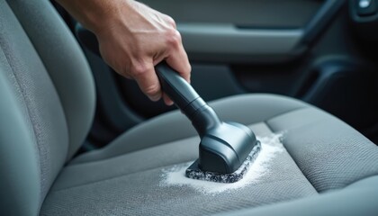 Man cleans car upholstery with a brush attachment on a vacuum cleaner. He scrubs away white powder detergent from fabric car interior. Pro auto detailing service.