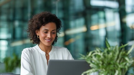 Smiling woman working at laptop in bright modern office