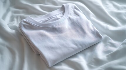 Crisp white tee shirt folded on soft white bedding