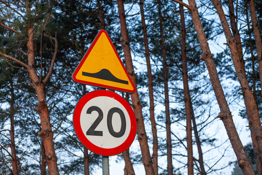 Road signs indicating a speed bump and 20 km/h limit, photographed against a forest background in natural daylight