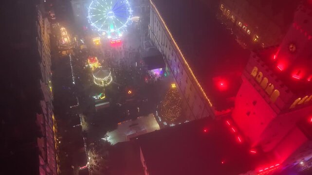 fog Christmas fair drone shot