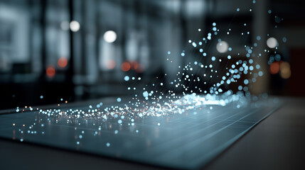 Futuristic holographic scatter plot floating above digital surface visualizing data analytics, statistical trends and modern technology interface for business insights